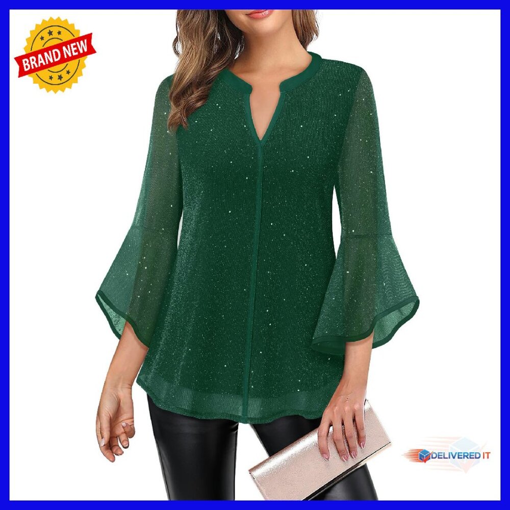 Mesh 3/4 Sleeve Blouse Loose Fit Tunic Top Double Layer Office Casual
